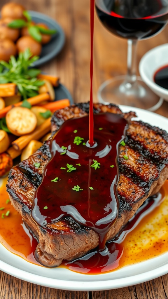 Steak with rich sauce and herbs on a wooden table with vegetables and wine.